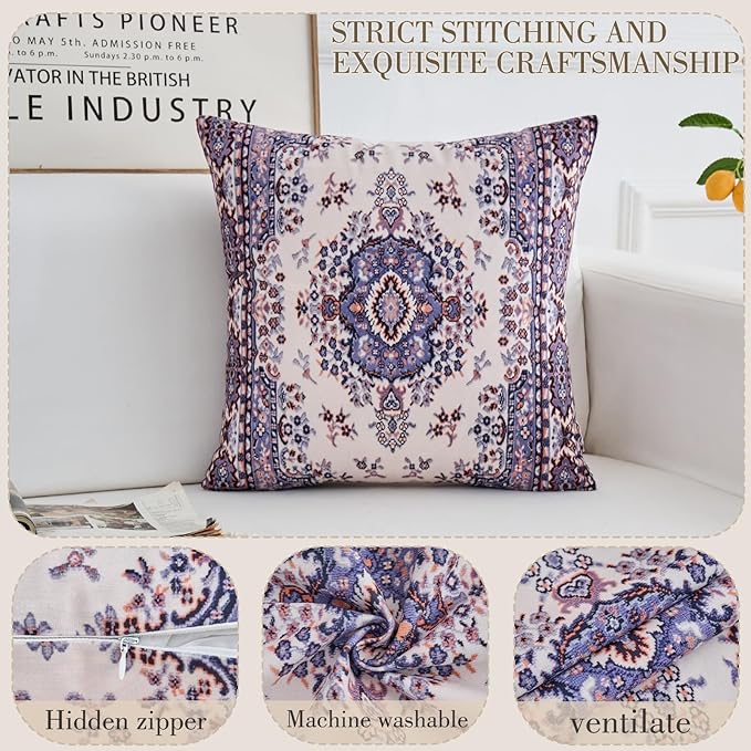 Boho Throw Pillow Covers 24x24 inch Set of 2,Boho Vintage Carpet Pattern Antique Ethnic Decor Double Sided Pattern Cushion Cover Soft Pillow Case Living Sofa Room Bed Square Pillow Cover