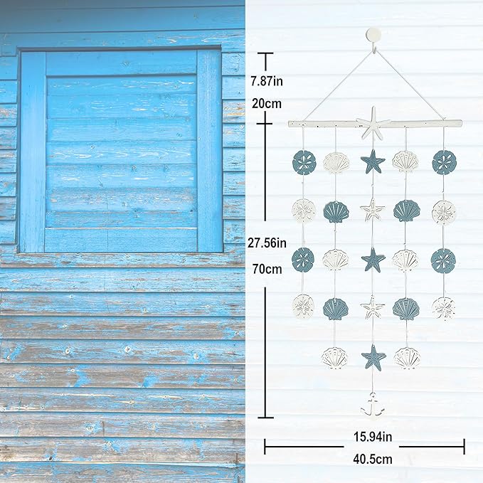Beach Wall Hanging Decor–Starfish Seashell Coastal Wall Art with Sea Shell Anchor Bathroom Decoration, Boho Nautical Farmhouse Rustic Wood Home Decor for Porch, Bedroom, Living Room 28"x16"