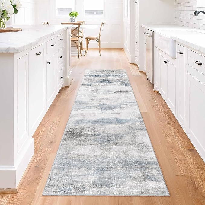 Enkor Runner Rugs for Hallway, 2x8 Washable Soft Non Slip Abstract Rugs for Kitchen, Modern Mat for Entryway Living Room Bedroom Blue & Grey