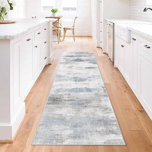 Enkor Runner Rugs for Hallway, 2x8 Washable Soft Non Slip Abstract Rugs for Kitchen, Modern Mat for Entryway Living Room Bedroom Blue & Grey