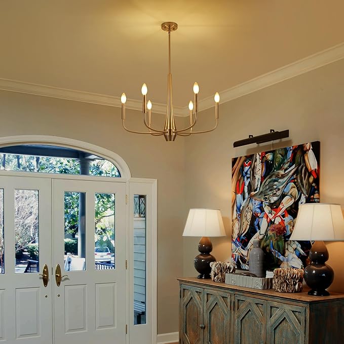 Brushed Nickel Chandelier, 6-Light Modern Farmhouse Chandeliers for Dining Room Lighting Fixtures Hanging, Industrial Metal Minimalist Chandelier for Kitchen Bedroom Foyer Entryway Hall