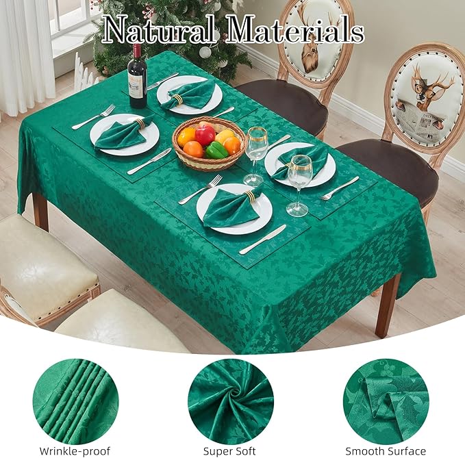 Rectangle Christmas Jacquard Table Cloth Waterproof Elegant Damask Floral Pattern Heavy Weight Wipeable Wrinkle Free Fabric Table Covers for Dinner or Daily Uses(Dark Green/60x120Inch)