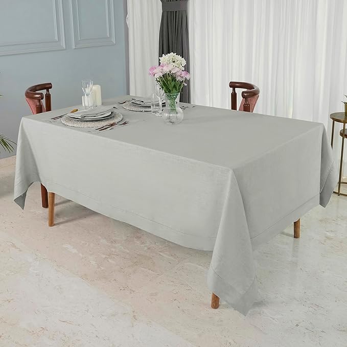 D'Moksha Homes Silver Grey Linen Tablecloth for Rectangle Tables 60 x 132 Inch - 100% Pure Linen Grey Table Cloth - Classic Hemstitch, Machine Washable Dining Tablecloth for Thanksgiving