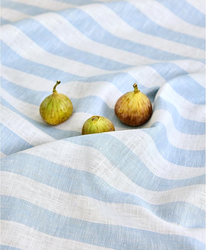 Solino Home Linen Square Tablecloth 52 x 52 Inch - Sorrento Stripe, 100% Pure Linen Blue and White Table Throw - Machine Washable Tablecloth