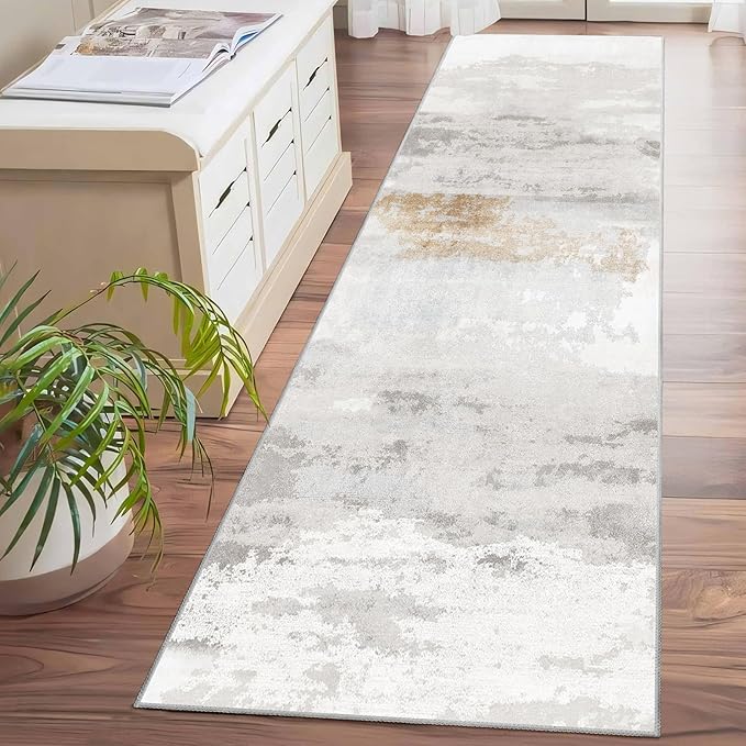 Enkor Runner Rugs for Hallway, 2x8 Washable Soft Non Slip Abstract Rugs for Kitchen, Modern Mat for Entryway Living Room Bedroom Brown & Grey