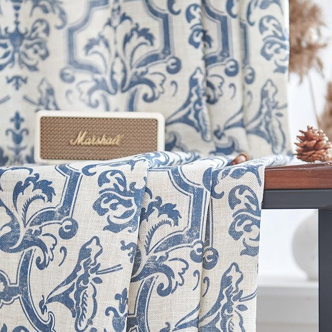 jinchan Curtains for Bedroom, Light Filtering Curtains 72 Inch Length 2 Panels Set, Baroque Style Linen Drapes for Living Room, Vintage Damask Patterned Window Treatments, Grommet Slate Blue on Flax