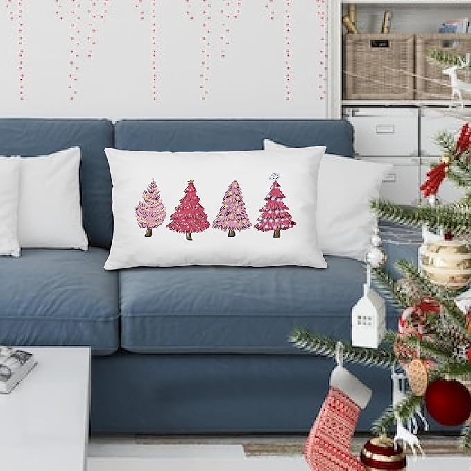 KEUSPI Pink Christmas Decor Pink Christmas Pillows Covers 12x20, Pink Christmas Decorations Christmas Pink Decor,Christmas Tree Pillow Covers,Pink Christmas Tree Decor for Christmas Bedroom Decor