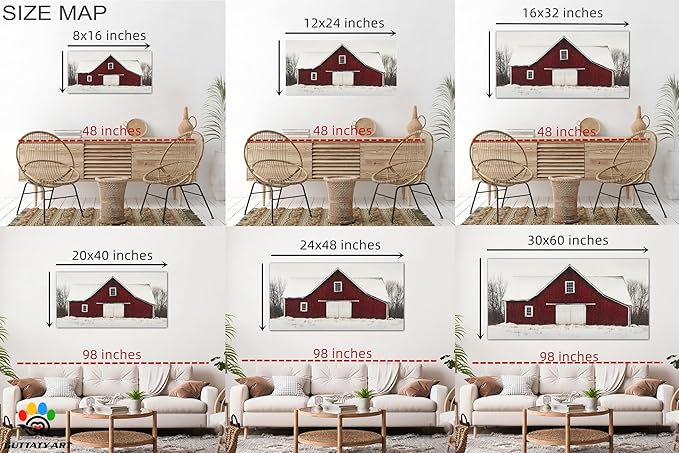 GUTTATY Christmas Winter Scene Canvas Wall Art, Red Barn Snowy Landscape Canvas Painting, Rustic Wall Decor Print for Holiday Living Room, Bedroom, Seasonal Wall Hanging Poster Picture, 32x16 Inch