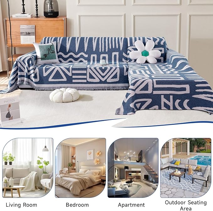 VClife Boho Couch Cover Thick Soft Chenille Sofa Covers for Sectional Couch, Bohemian Couch Covers for 3 Cushion Couch Sofa Washable Multi-Functional Furniture Protector, Blue, 71''x150''