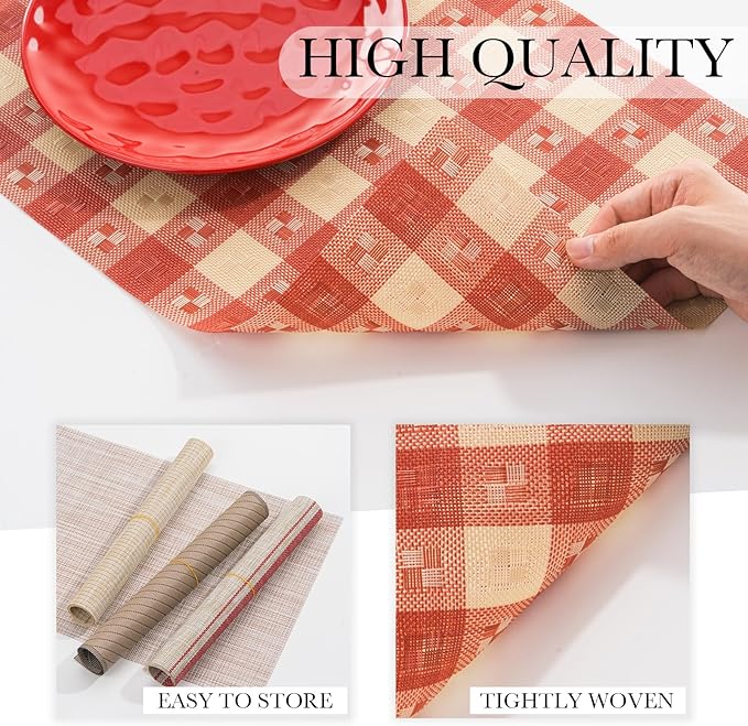BACKTOEDEN Placemats Set of 8 Heat Resistant Washable Wipeable Placemat Woven Non-Slip Foldable Vinyl/Plastic Place Mats Indoor/Outdoor Mat Kitchen Dining Table Pad, Red Checkered