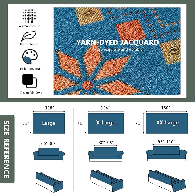 DREAMINGO Blue Boho Couch Cover Geometric Jacquard Sofa Covers for 2 Cushion Couch Loveseat Couch Cover for Pets Dogs Vintage Chenille Sofa Cover Blanket Furniture Protector Throw Slipcover,71"x118"