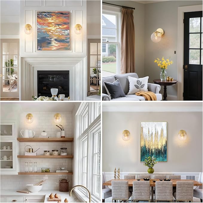 Gold Wall Sconce, Gold Vanity Sconce Lighting, Globe Ripple Glass Wall Light Fixture, Hardwired Wall Sconces for Bathroom Hallway Bedroom Bedside Living Room Stairs Kitchen Loft (E12)