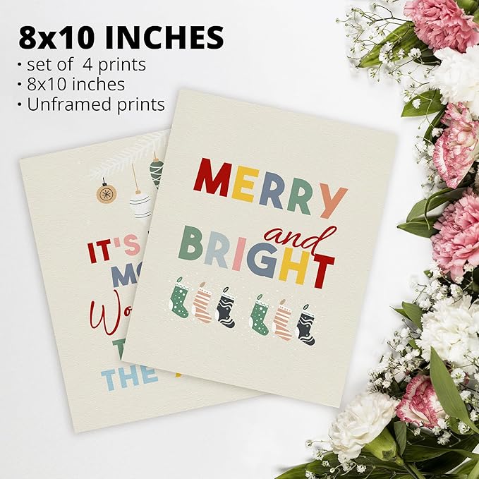 AEHIE It's The Most Wonderful ime of The Year Wall Art Poster Prints for Home Bedroom Living Room, Red Christmas Funny Santa Poster Prints, Merry and Bright Wall Art Unframed 4pcs 8x10inch
