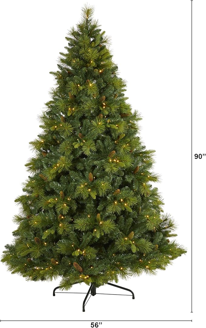Nearly Natural 7.5ft. North Carolina Mixed Pine Artificial Christmas Tree with 470 Warm White LED Lights, 1895 Bendable Branches and Pinecones