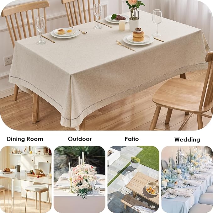 Zdolmy Natural Flax Linen Tablecloth – Undyed Rectangle Hemstitch Table Cover for Kitchen, Dining & Decoration (Elegant Style, 55" x 102")
