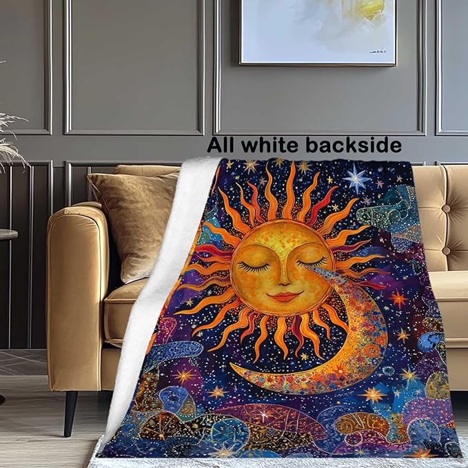 Sun and Moon Blanket Throw, Plush Blanket Gift for Adults, Hippie Witchy Lightweight Soft Fleece for Bedrooms, Meditation, and Decor, 60x80 Inches
