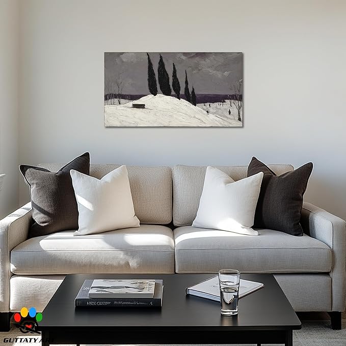 GUTTATY Christmas Winter Scene Canvas Wall Art, Snowy Landscape Canvas Pictures, Moody Cypress Trees Wall Paintings, Subtle Gray Poster Prints for Living Room Decor, Home Office Artwork, 16x8 Inch
