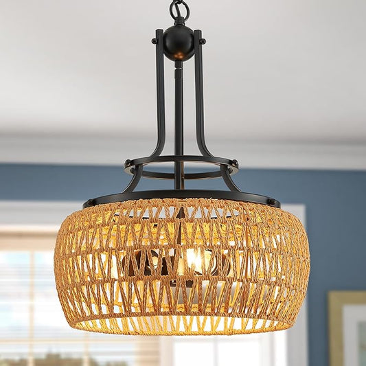 WUZUPS Rattan Boho Chandelier Rustic Farmhouse Industrial Round Coastal Hanging Pendant Light Fixture Wicker Lampshade for Dining Room Kitchen Island Foyer Entryway, H 19.6" x W 15.9", Black