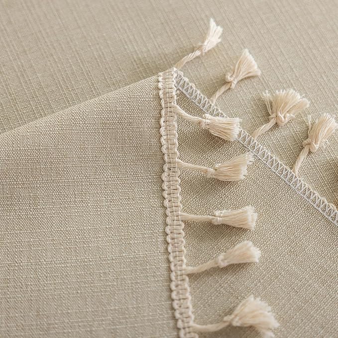 1 Pack Heavy Duty Cotton Tablecloth Soft Wrinkle Resistant Fabric with Decorative Tassles Fringe for Kitchen Dining Table, Warm Beige, 55x86 Inch