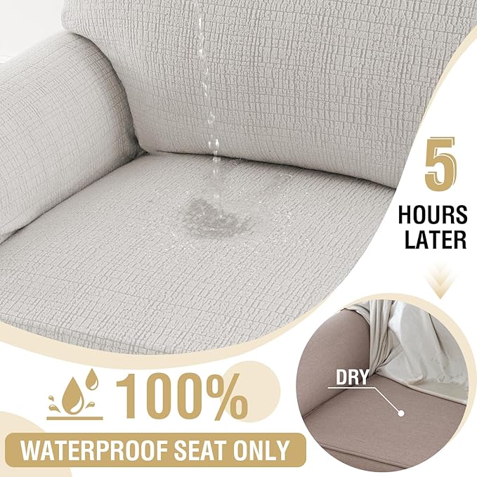 H.VERSAILTEX Jacquard Sofa Slipcover with Waterproof Seat Furniture Protector 1 Piece Stretch Sofa Covers with Elastic Bottom for Kids, Pets, Dog(Sofa, Pale Oak)