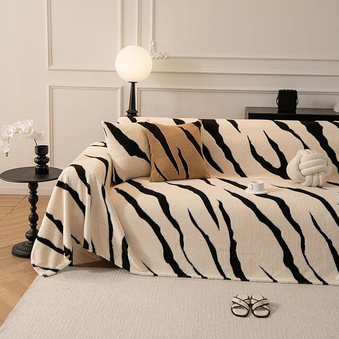 ROOMLIFE Striped Boho White Couch Cover for 2-3 Cushion Sofa, Fuzzy Plush Warm Sofa Slipcovers Sectional Sofas Covers, Non Slip Washable Furniture Protector Soft with Tassel,Winter 71''X134”