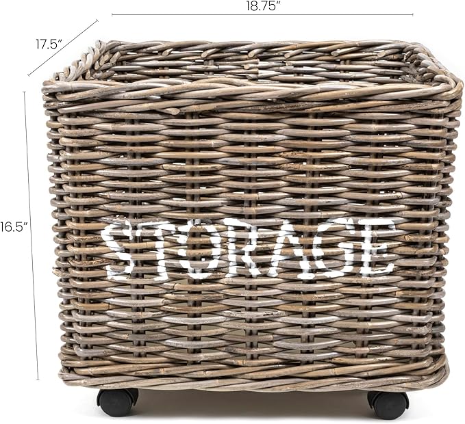 happimess BSK1001A Yael Coastal Hand-Woven "STORAGE" Rattan Basket with Wheels and Handles for Storage and Decoration in Bedroom, Living Room, Laundry Room, Entryway, Kubu Gray