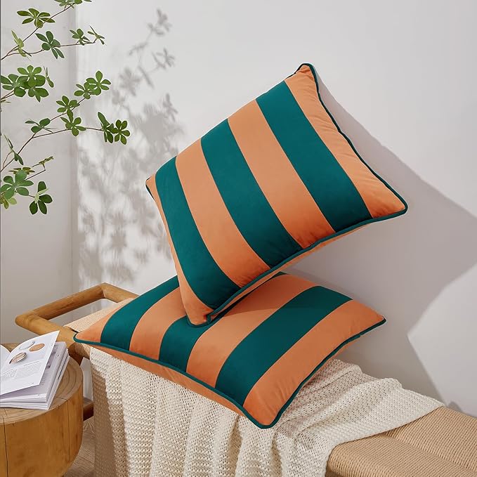 MONDAY MOOSE Decorative Throw Pillow Covers Cushion Cases, Set of 2 Soft Velvet Striped Piping Edge Designs, Pillow Inserts Not Included (Coral/Dark Teal, 20x20 inch)