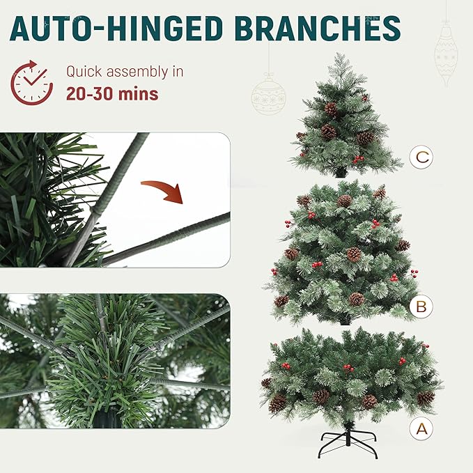 YITAHOME 7.5ft Prelit Carolina Pine Christmas Tree with Remote, Artificial Green Hinged Christmas Tree w/ 1200 Mixed Tips, Pine Needles, 45 Pinecones, 48 Red Berries, 400 Lights & 11 Modes