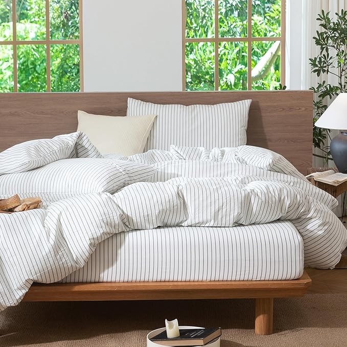 MooMee Striped Duvet Cover Set 100% Washed Cotton Linen Like Textured Breathable Durable Soft Comfy (White Heathered Green Wide Stripes, Cal King 104"x98")