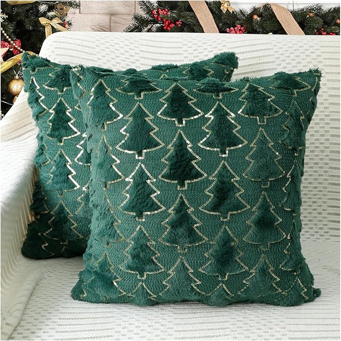 Christmas Throw Pillow Covers Christmas Decorations Set of 2 Xmas Tree 18x18 Pillow Covers Soft Plush Faux Wool Pillow Cases Holiday Winter Decor Sofa Couch Bed