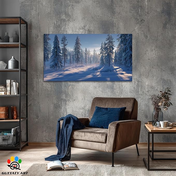 GUTTATY Christmas Winter Scene Canvas Wall Art, Snowy Forest Wall Decor, Serene Pine Tree Canvas Painting, Peaceful Pictures for Living Room, Bedroom, Office, Holiday Decoration, 60x30 Inch