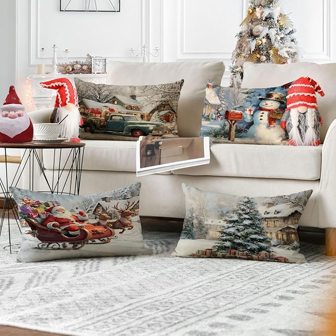 Neatee Living Christmas Pillow Covers 12x20 Set of 4 Farmhouse Vintage Xmas Throw Pillows Christmas Tree Elk Snowman Pillow Cases Sofa Couch Outdoor Cushion Covers for Home Decorations (12 by 20)