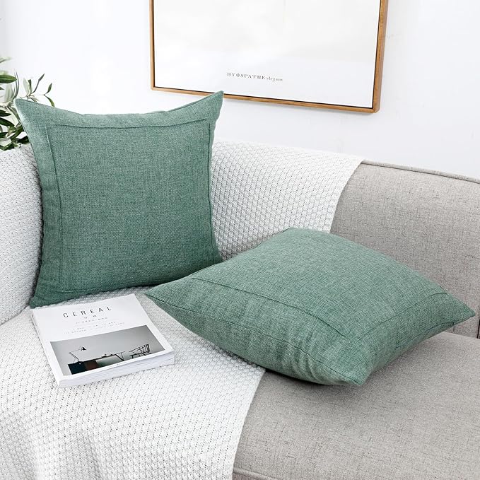 Jepeak 18x18 Inch Burlap Linen Throw Pillow Covers, Pack of 2 Decorative Farmhouse Rustic Neutral Pillow Cases Square Durable Cushion Cover for Sofa Couch Bed Home Decor, Sage Green