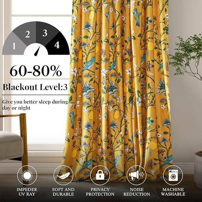 Mustard Yellow Velvet Vintage Floral Curtains 108 inches for Living Room,Whimsical Botanical Room Darkening Curtain Drapes,2 Panels Mid Century Art Deco Hummingbird Window Curtains for Bedroom