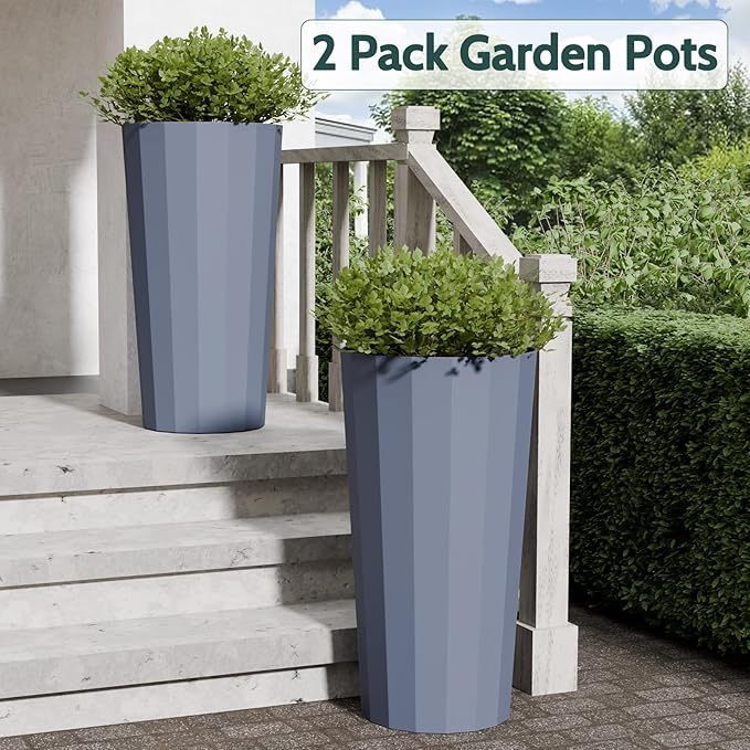 2PCS Tall Planters for Outdoor Plants, 23.6 Inches Large Outdoor Conical Flower Pots for Porch with Drainage Holes and Drainage Baffle, Tapered Large Planters for Garden, Balcony Use, Grey