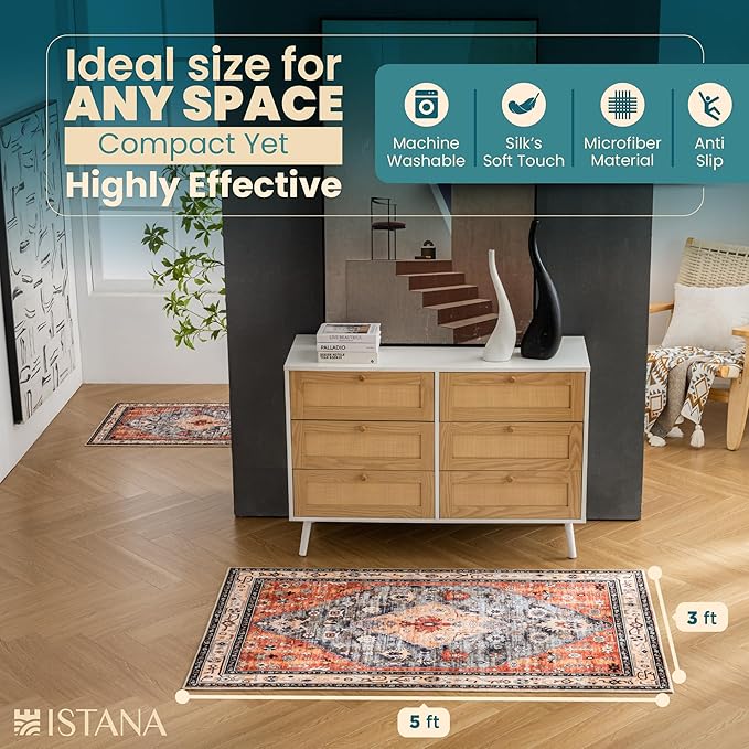 Istana Rugs 3x5 - Red & Teal 3x5 Washable Rug - Kid & Pet Friendly Dining Room Rug for Under Table - Non Shedding Foldable Non Slip Area Rug - Eco-Friendly Materials for Red Teal Rugs