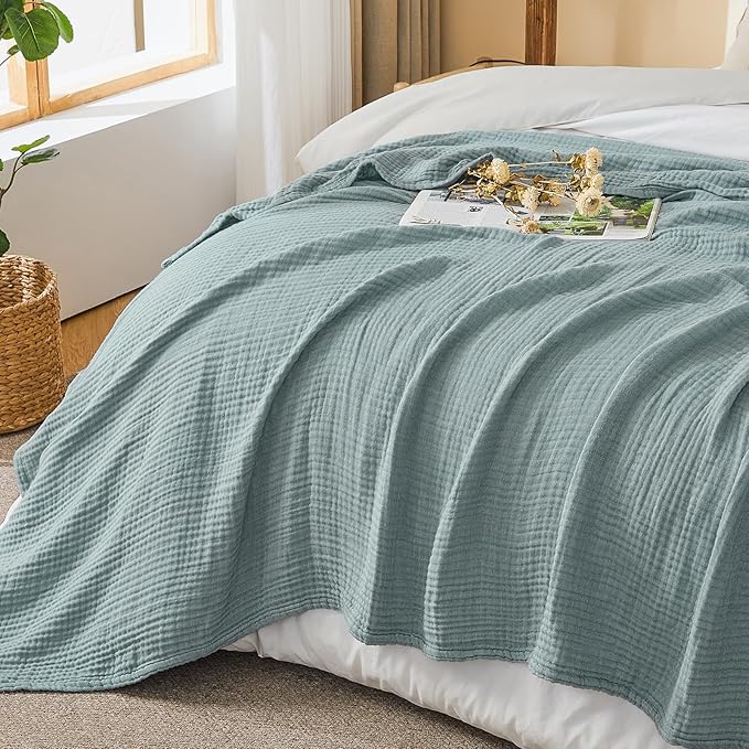 EMME Cotton Muslin Twin Blanket Breathable Gauze Soft Lightweight Blankets Adults Gifts for Women (Heather Teal, 60"x80")