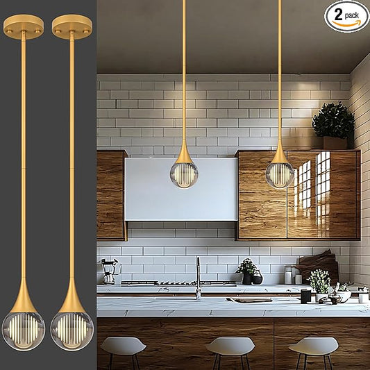 2-Pendant Lights Kitchen Island, Painted Gold Globe Crystal Ceiling Hanging Light Fxitures, LED Light Fixtures Metal Rod Ceiling Glass Pendant Lighting for Kitchen Island Dining Room Bar