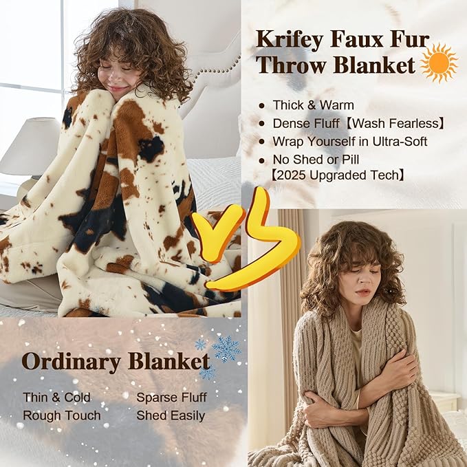 Krifey Faux Fur Blanket with Knot, Soft Cozy Fuzzy Plush Thick Warm Throw Blanket, Faux Rabbit Fleece, Christmas Birthday Gifts for Girls Women Mom, As Shawl, Cow Print, 48x62in