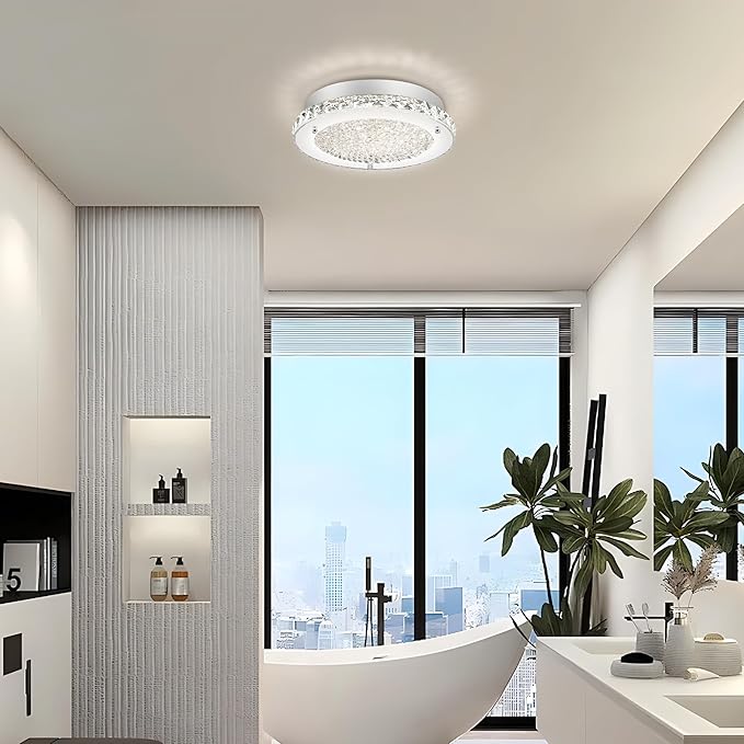 Crystal Ceiling Light Fixture 3000/4000/5000K Flush Mount Crystal Chandelier Modern Dimmable LED Kitchen Light Fixture for Bathroom Hallway Porch Laundry Room Cloakroom Office 11"