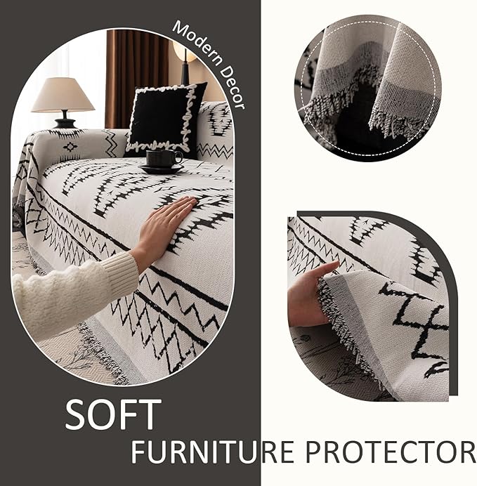VClife Chenille Couch Cover Slipcover, Sectional Couch Cover for 3 Cushion Couch Sofa Pet Sofa Protector, Anti Slip White Tribal Pattern Couch Covers Furniture Protector wit Tassel, White, 71"X150"