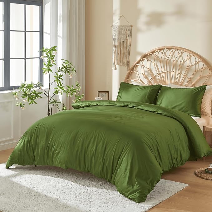 DOZ 100% Long Staple Cotton Duvet Cover Set, Soft Sateen Weave, Smooth, Breathable, Hotel Comfort, 106"x90", 8 Loops, 3pc – 2 Pillowcases 1 Duvet Cover (Forest, King/Cal King)