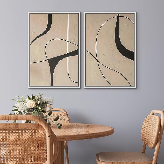 SIGNWIN Framed Canvas Print Wall Art Set Modern Beige and Black Abstract Curve Minimalist Geometric Modern Art Minimal Boho Relax/Calm for Living Room, Bedroom, Office - 16"x24"x2 White