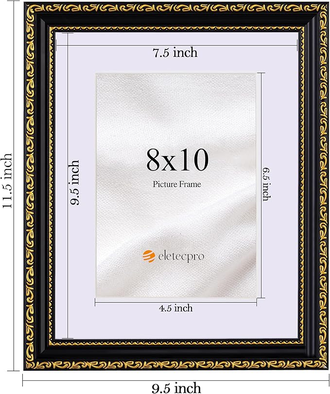 eletecpro 8x10 Picture Frames Set of 2, Vintage Photo Frames with Glass, 8 by 10 Frame Displays 5x7 Photo with Mat or 8x10 without Mat for Tabletop or Wall Decor, Black Gold