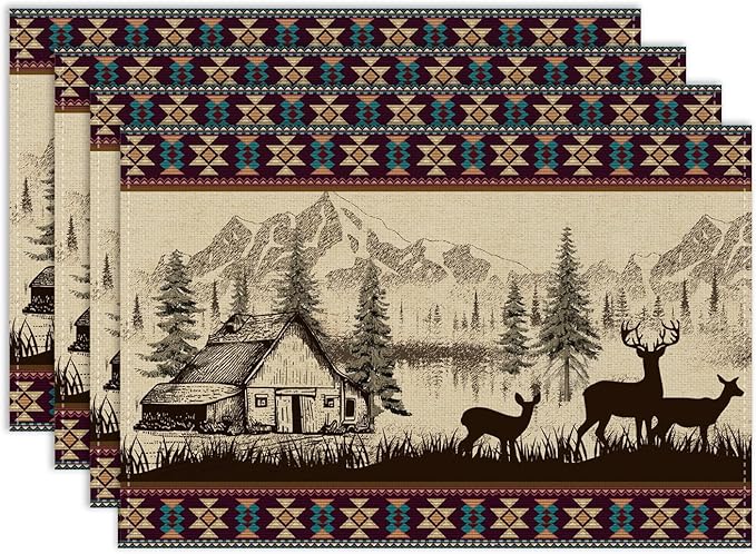 Rustic Animal Placemat Set of 4, 12x18 Inch Vintage Bear Deer Wild Animal Aztec Forest Pine Tree Cabin Country Lodge Coffee Table Mats for Outdoor Kitchen Dining Table Decoration