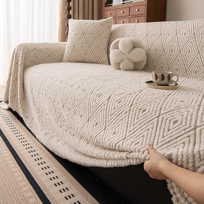 ROOMLIFE Striped Boho Khaki Couch Cover for 2-3 Cushion Sofa, Fuzzy Plush Warm Sofa Slipcovers Sectional Sofas Covers, Non Slip Washable Furniture Protector Soft with Tassel,Winter 71''X118”