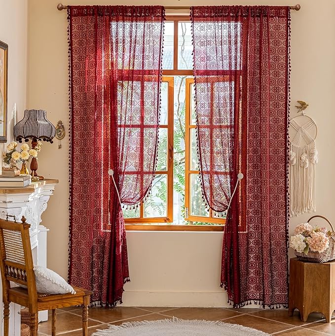 YJ YANJUN Dark Red Christmas Living Room Curtains 90 Inches Long 2 Panels Boho Burgundy Sheer Curtains for Patio Sliding Door Rod Pocket Holiday Wedding Party Christmas Decor 52" W x 90" L Wine