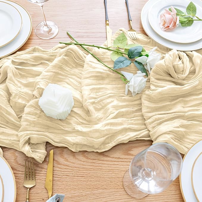 Wokceer Cheesecloth Table Runner Beige 10FT Boho Christmas Gauze Cheese Cloth Table Runner for Party Easter Rustic Sheer Table Runners for Baby Bridal Shower Wedding Table Decor
