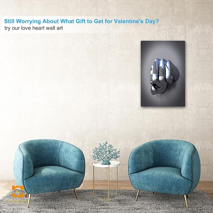3D Metal Effect Wall Art - Abstract 3D Canvas Wall Art, 3D Modern Wall Art for Office, Silver Boxer Gesture3D Art Wall Decor for Modern Bedroom Decor Framed 24”x36”x1Pcs