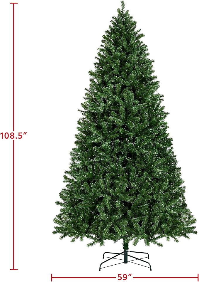 Yaheetech 9ft Pre-lit Spruce Artificial Hinged Christmas Pine Tree Prelighted Holiday Xmas Tree for Home Party Decoration with 850 Warm White Lights and 2160 Branch Tips, Green